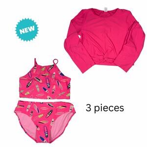 Thereabouts 3-Piece Swimsuit Girls Size XL Pink Surfboards Bikini Long Sleeve